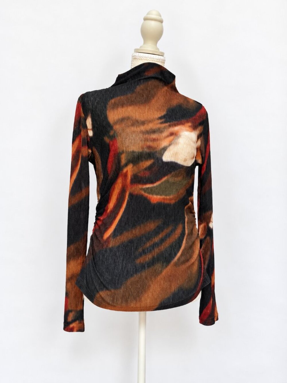 Abstract Print Ruched Mock Neck Top – Small